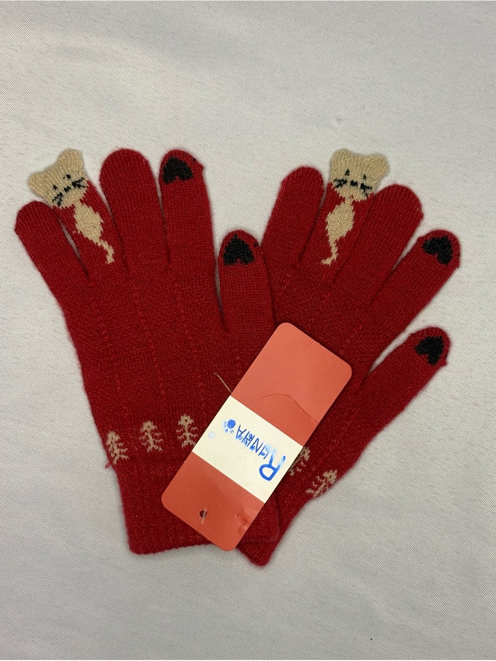 New Red Knit Cat Gloves Contrast Hearts Cozy Winter Cute NWT